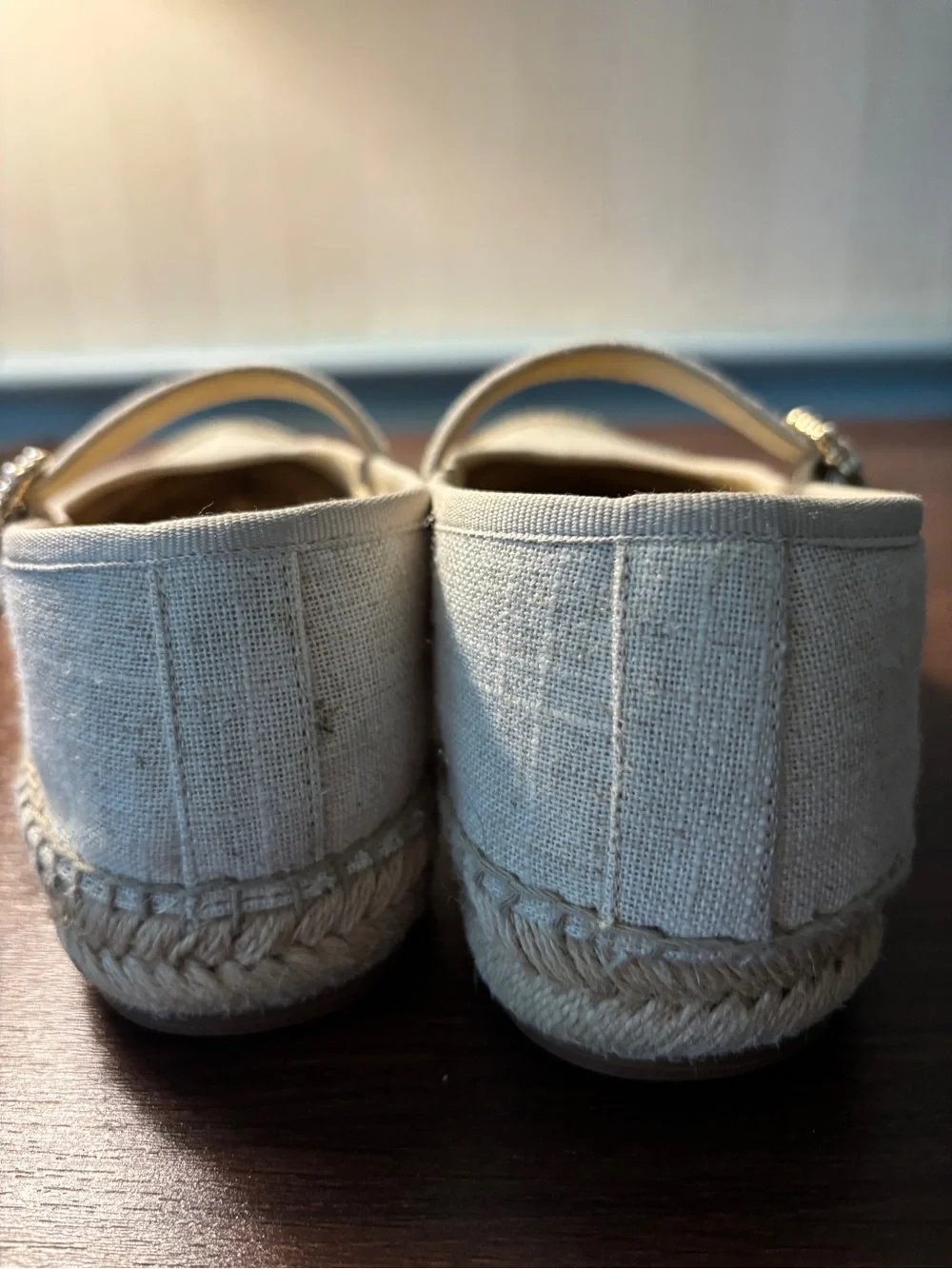J. Crew Linen Espadrille Mary Jane Flats Jeweled Buckle Beige 7.5